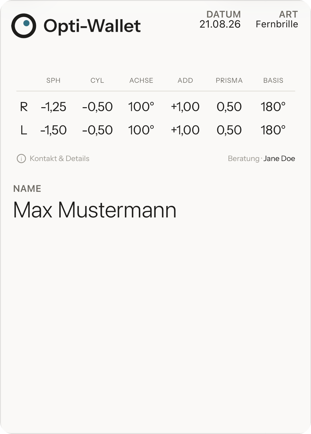 Digitaler Brillenpass in Apple Wallet mit Werten der Refraktion, Name der Kundschaft und Name der Beratung